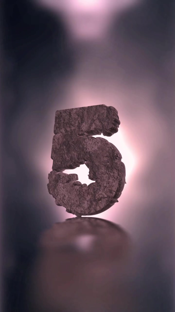 Conto alla rovescia astratto 3D con numeri rocciosi e luce brillante