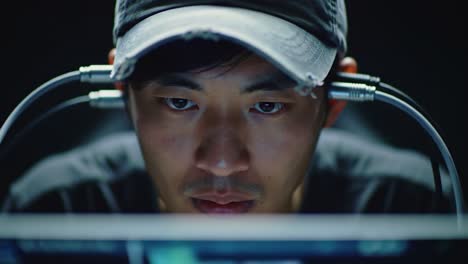 a focused individual engaged in intensive digital work, surrounded by electronic equipment, capturing the essence of modern technology and cyber engagement