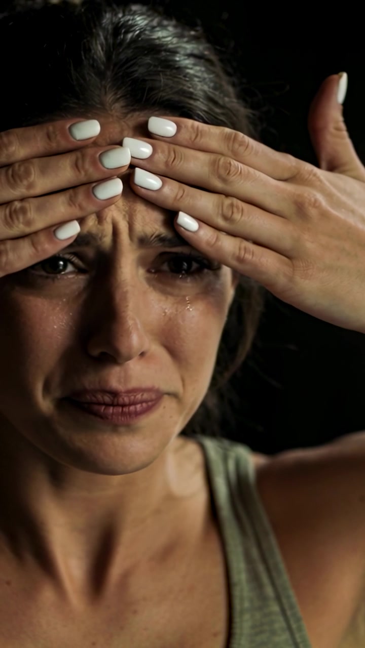 Video verticale: Inizia con lacrime, una donna che alza le mani e si preme la fronte, con unghie bianche laccate e una canotta verde.