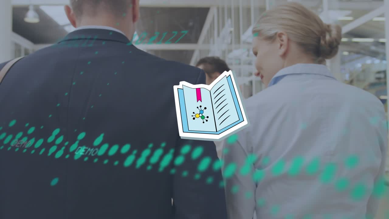 Animação de um ícone de livro e processamento de dados sobre a visão traseira de empresários caminhando no escritório.
