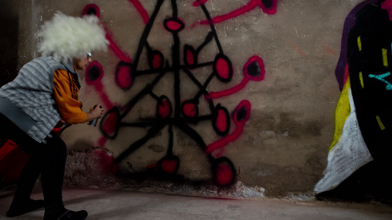 도시 벽 에 대항 하는 반역적 인 할머니 그래피티 예술가