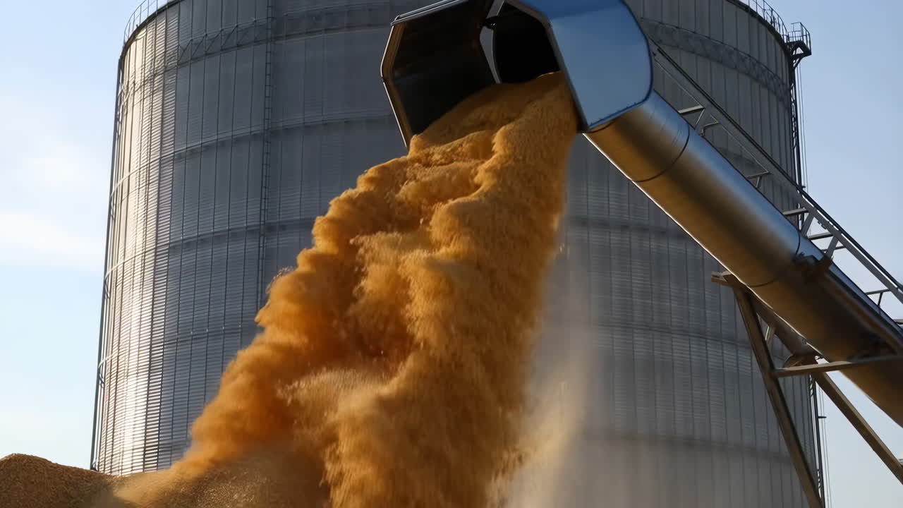 Grain being unloaded from a chute next to a large storage silo