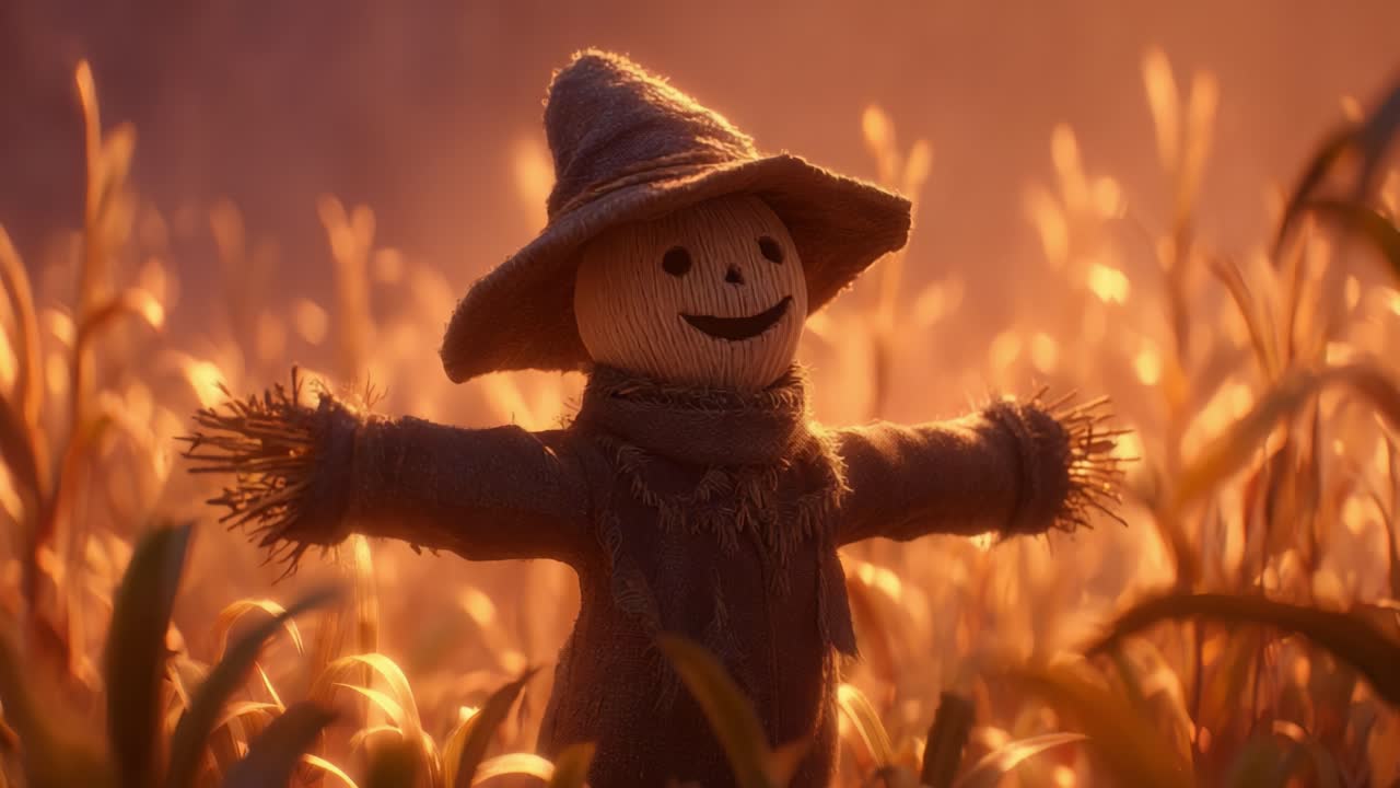 A Cheerful Scarecrow Standing Boldly Amidst a Golden Cornfield at Dusk, Radiating Warmth and Joy in the Soft Glow of the Setting Sun