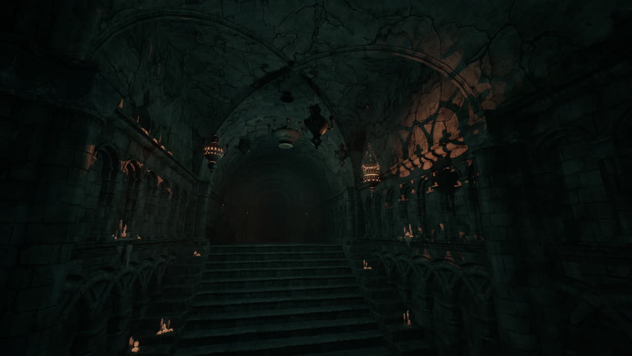 암흑의 고대 감옥과 돌로 된 계단