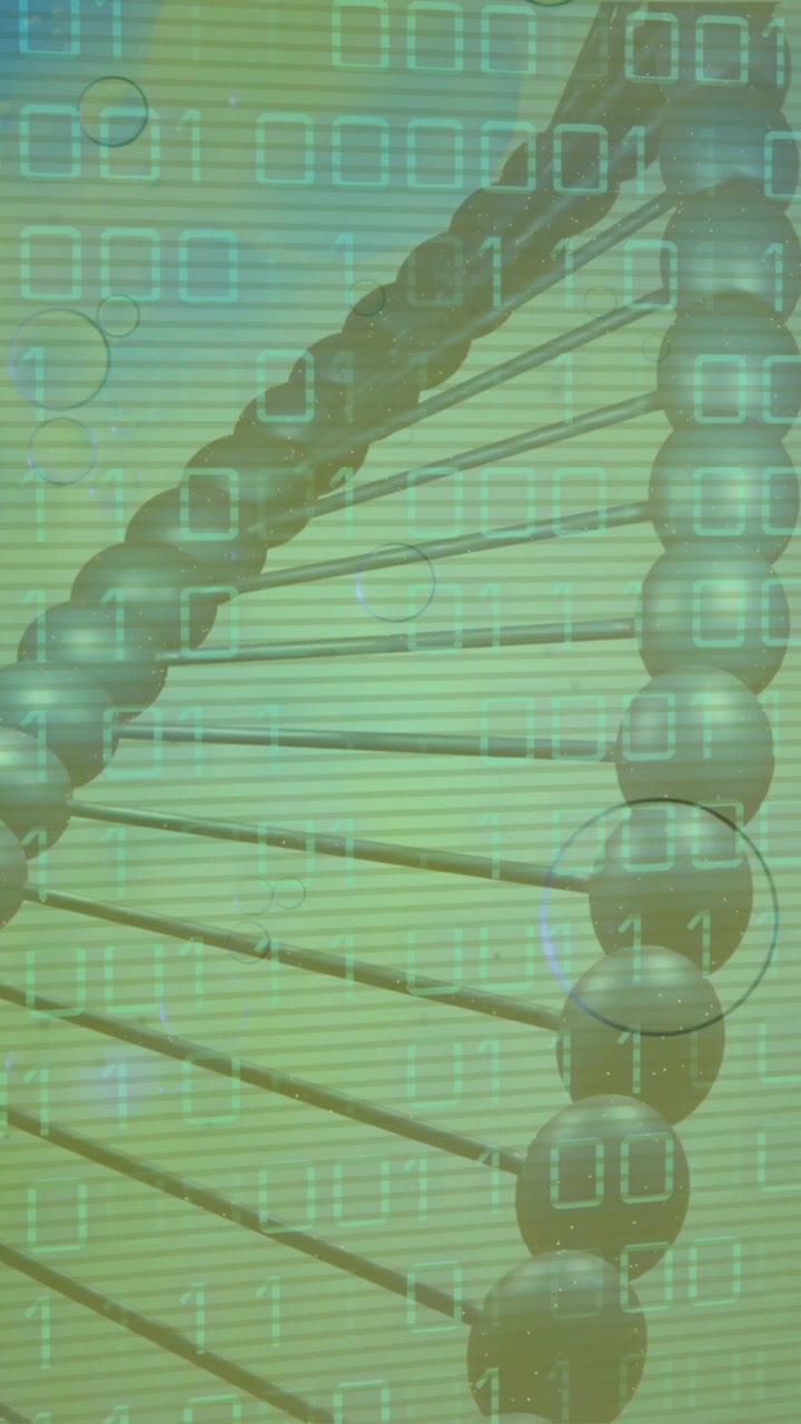 Animation of data processing over dna strand on green background