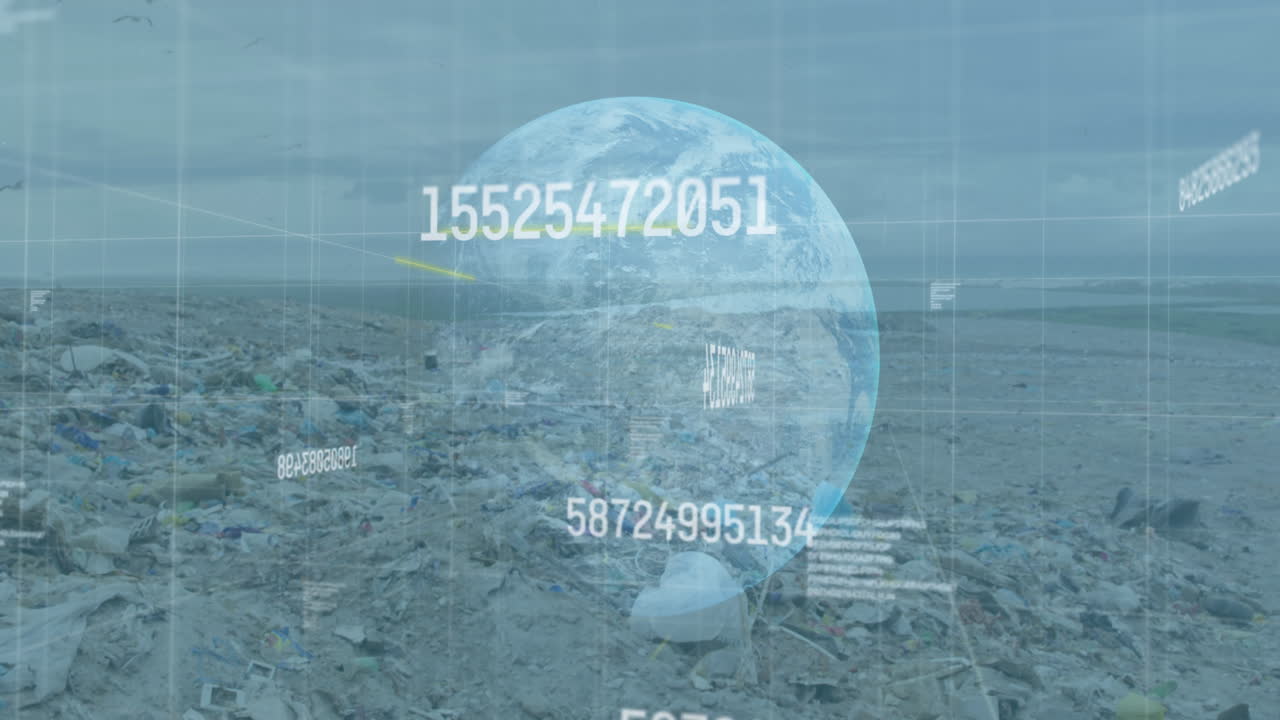 쓰레기 매립지에 대해 전 세계에 걸쳐 여러 번 변하는 숫자의 디지털 복합 비디오