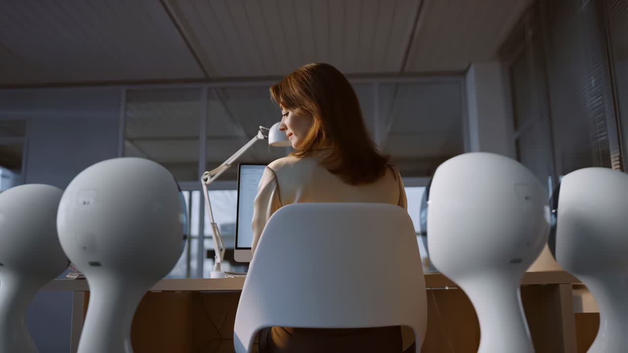 женщина, работающая за компьютером в современном офисе