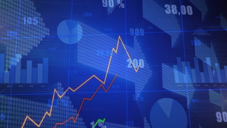 overlapping line graphs being animated over financial dashboard, with bar charts and pie charts