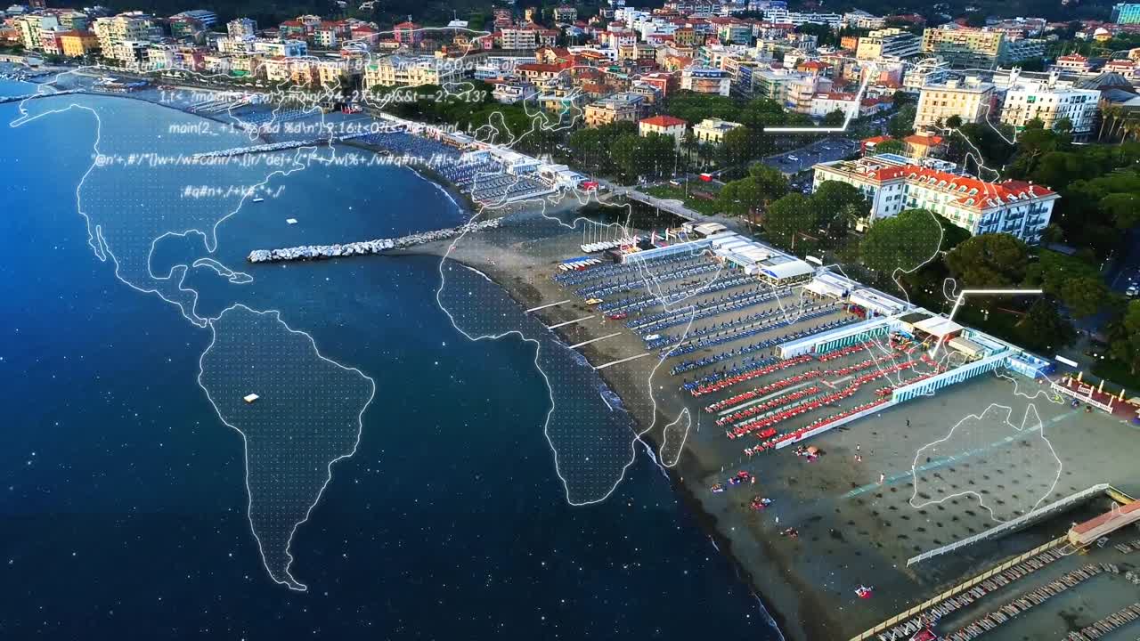 animación de la red de conexiones a través de drones con parcelas sobre el paisaje urbano