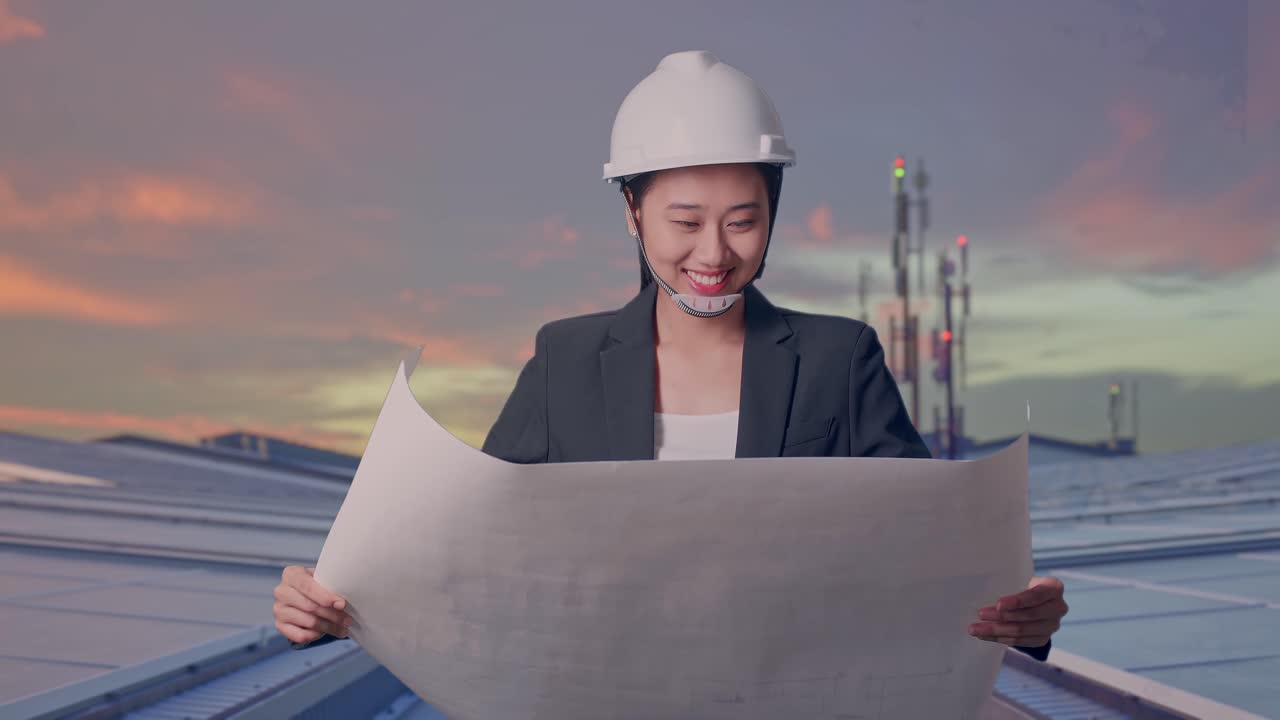 Set forfra af asiatisk forretningskvinde, der kigger på tegninger i hænderne, mens hun går på industrielle tagmonterede solpaneler.