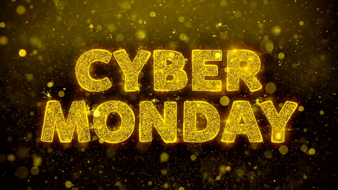 사이버 월요일 문자 골든 글리터 빛나는 입자 애니메이션