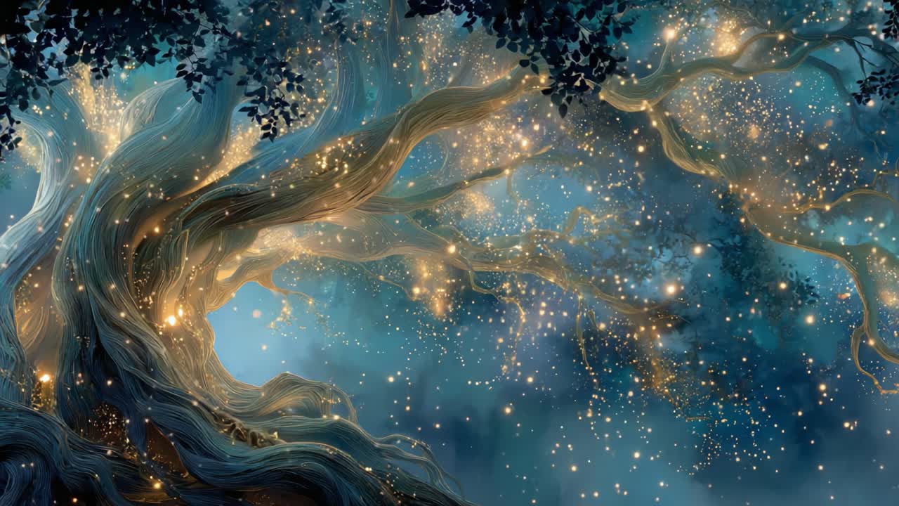 Une forêt cosmique enchantée : un voyage transformateur à travers un arbre magique illuminé par des étoiles et des lumières scintillantes, invoquant un sentiment d'émerveillement et de mystique.