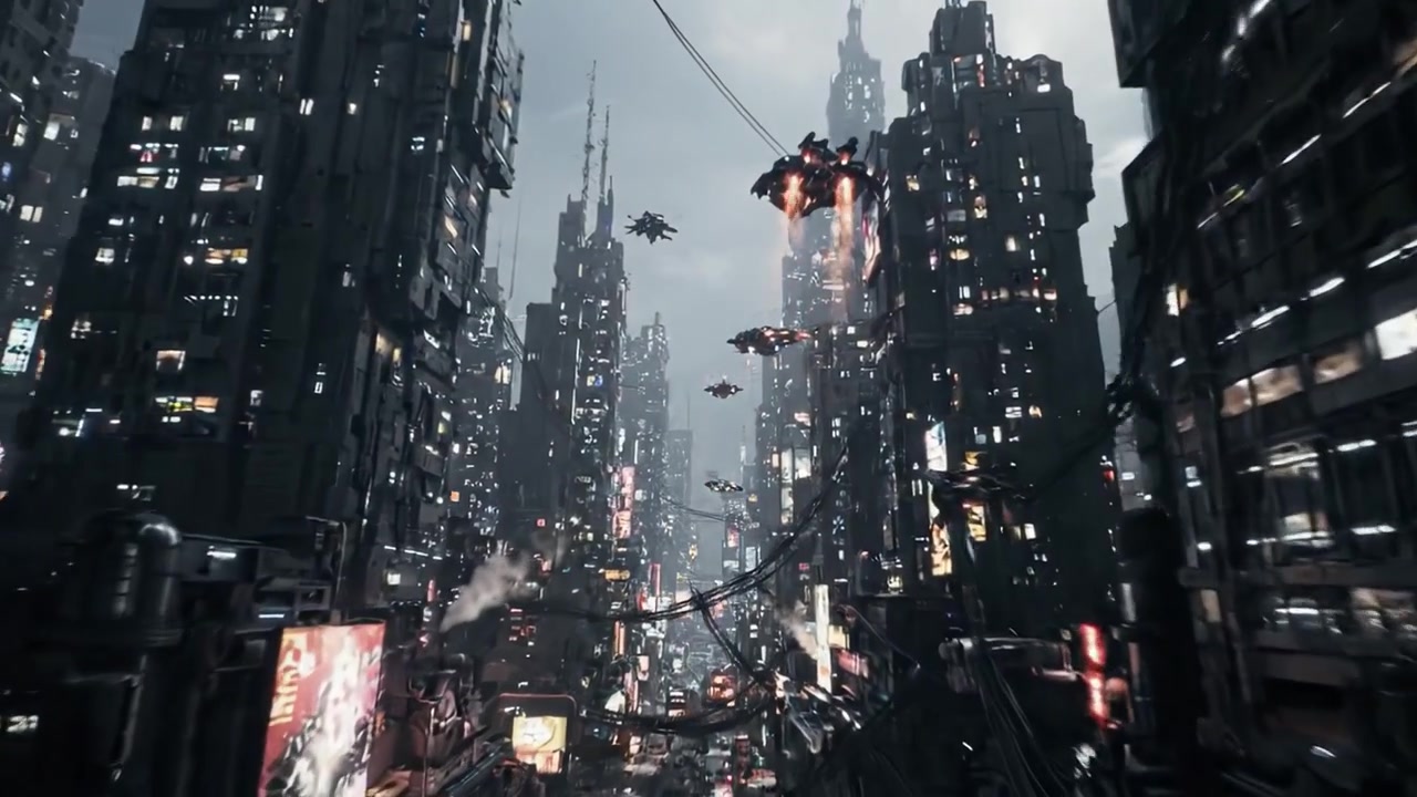 Futuristisk cyberpunk-bylandskab med svævende køretøjer: En fordybende rejse ind i en neonoplyst metropol omgivet af tårnhøje skyskrabere og indviklede energinetværk