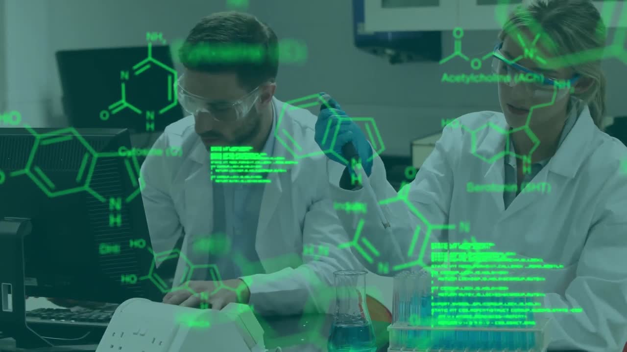 animación del procesamiento de datos médicos sobre diversos científicos masculinos y femeninos que trabajan en el laboratorio