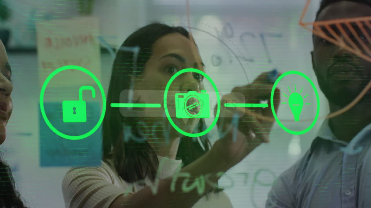 team writing on clear glass board revealing green lock camera lightbulb for business planning