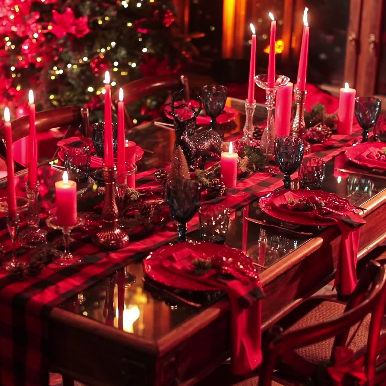 Bright festively decorated table for six people. Lighted candles in the beautiful room with Christmas tree in the corner
