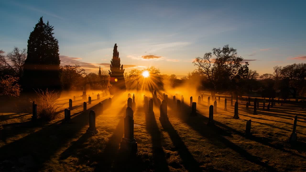 Time-lapsing rows of headstones revealing sunrise beams through fog at cemetery dawn, with cypress