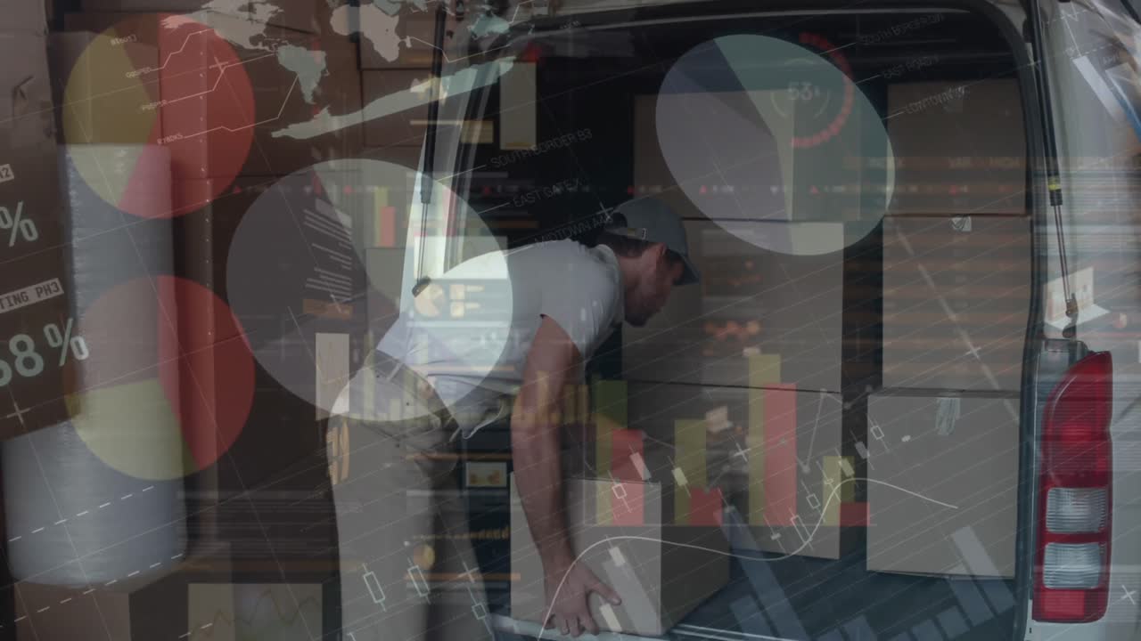 자동차에 상자를 포장하는 사람 위의 데이터 처리 애니메이션