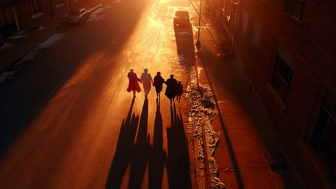 A Journey Through the Golden Light: Four Friends Embrace Adventure on a Sunset-lit Urban Street, Casting Long Shadows in the Late Afternoon Glow, Celebrating Connection and Togetherness