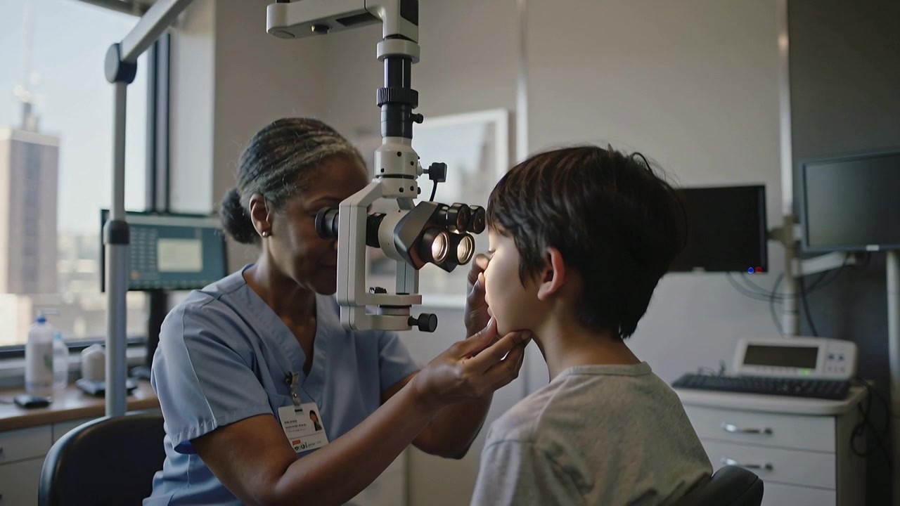 Moving slit-lamp arm, female clinician in scrubs examining child's eye in exam room for eye check