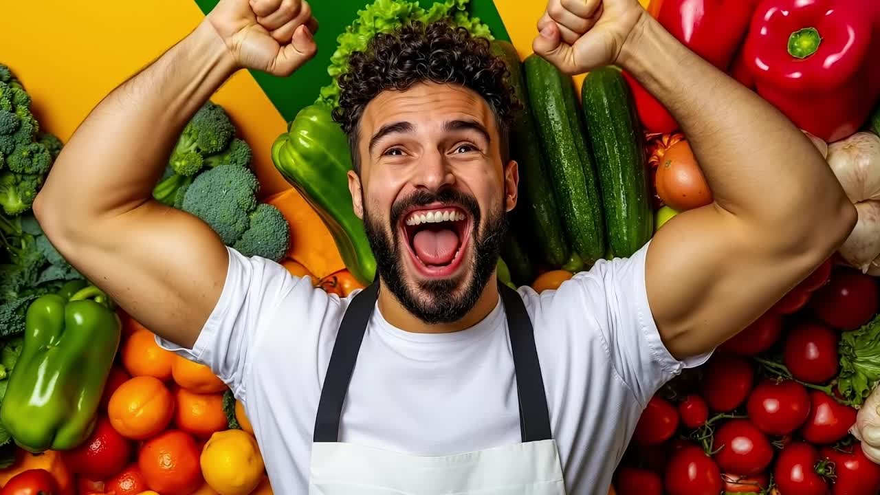 A man in an apron with his arms up in the air surrounded by vegetables