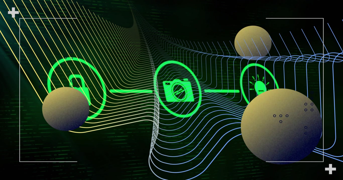 Animation of network of icons and data processing on black background