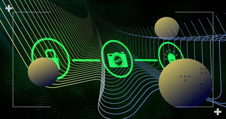 Animation of network of icons and data processing on black background