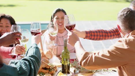 happy diverse male and female friends toasting on celebration meal in sunny garden