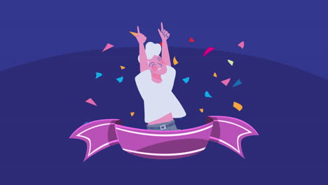 happy man celebrating with confetti and ribbon