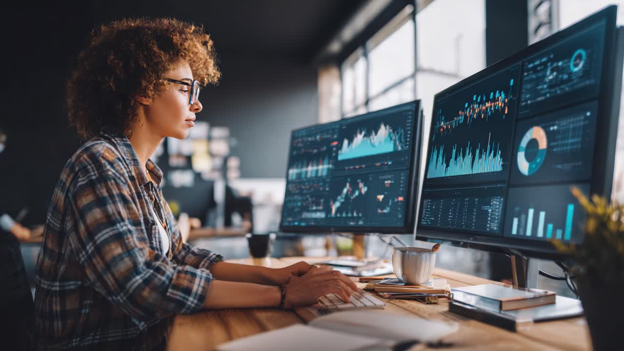 Focused Data Analyst Working Diligently in a Modern Office, Analyzing Complex Charts and Visualizations on Dual Monitors to Extract Insightful Business Intelligence
