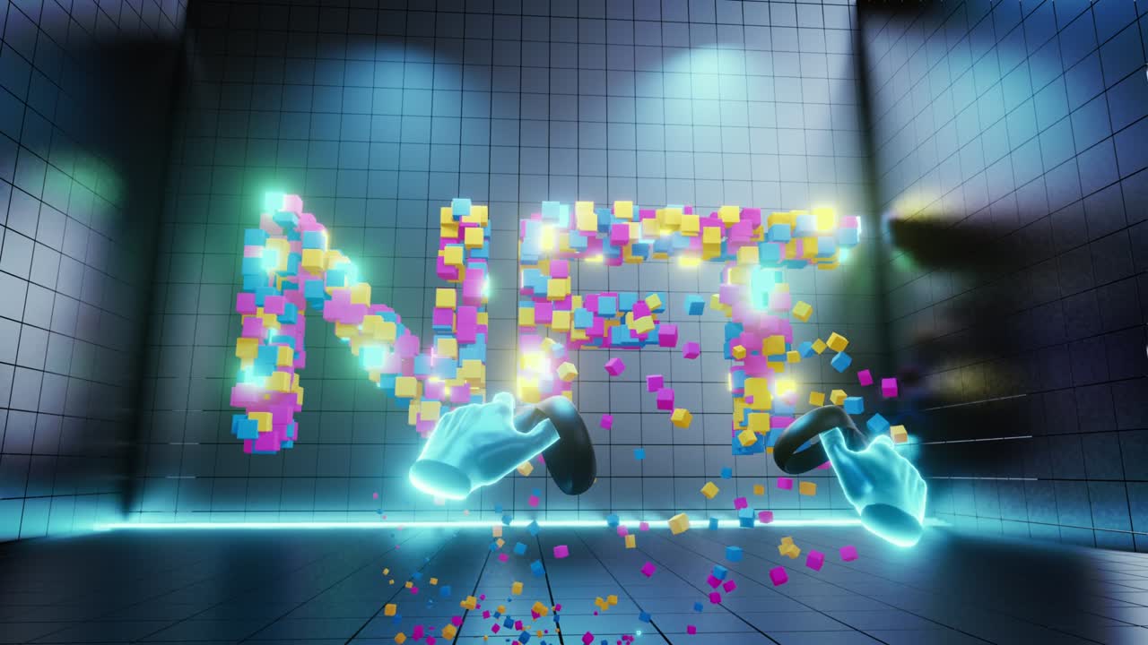 Internet interface concept: when in virtual reality. Able to create NFT ART artwork. Drag the virtual hand. The word NFT appears.