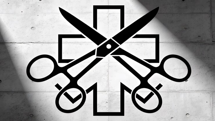 Directional light sweeping across wall sending shifting shadow, revealing black scissors emblem
