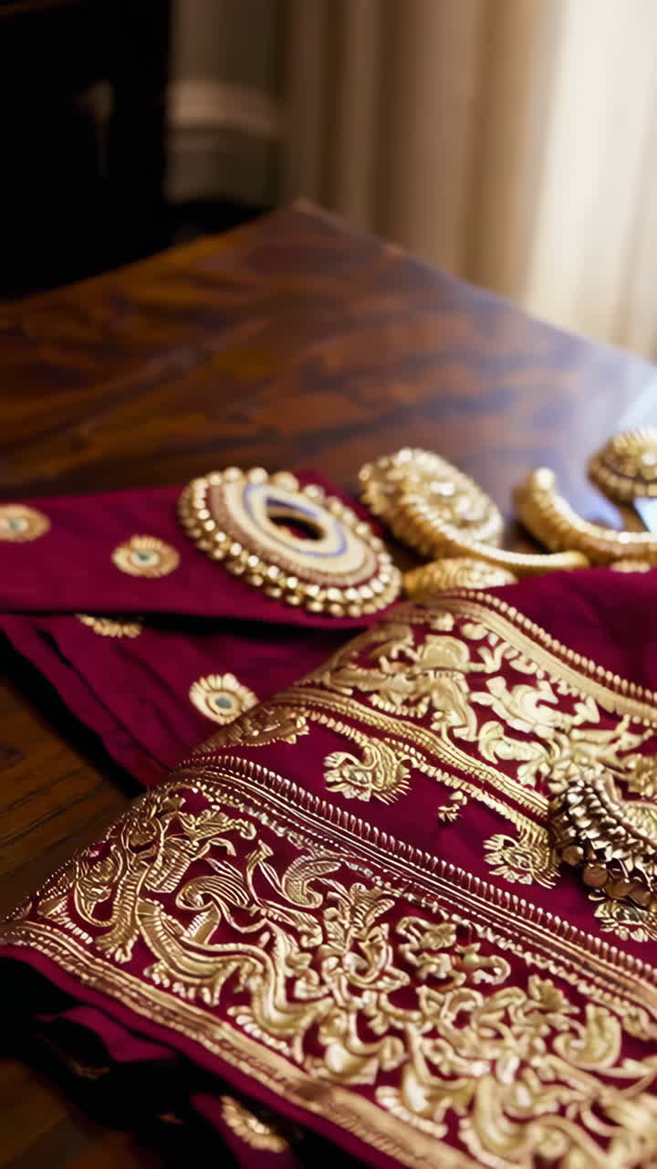 Elegante sari di seta color bordeaux con ricami in oro e accessori