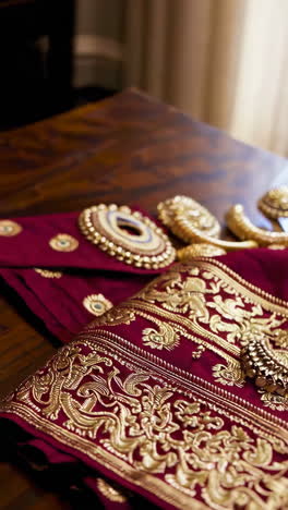 elegant maroon silk sari with gold embroidery and accessories