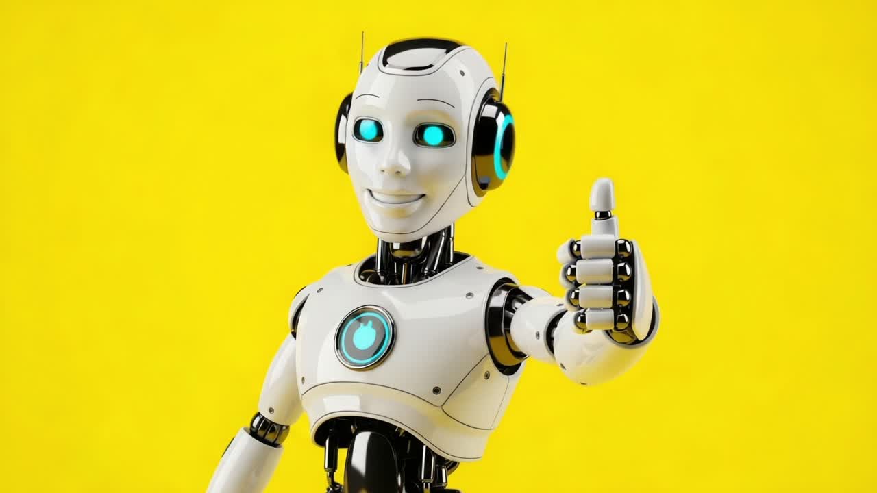A Friendly Robot with a Cheerful Expression Gives a Thumbs Up Against a Bright Yellow Background Capturing the Essence of Technology and Positivity
