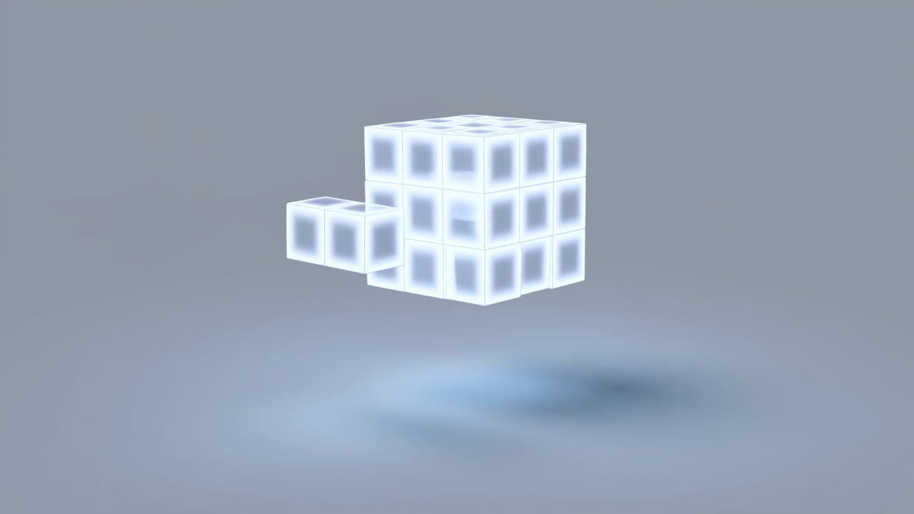 Glowing Cubes Assemble Into Solid Cube, Soft Blue Lighting, Floating Fragments Coalesce To Form Gridfaced
