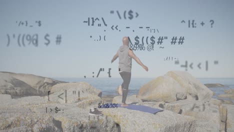 animation of data processing over senior african american man practicing yoga at beach