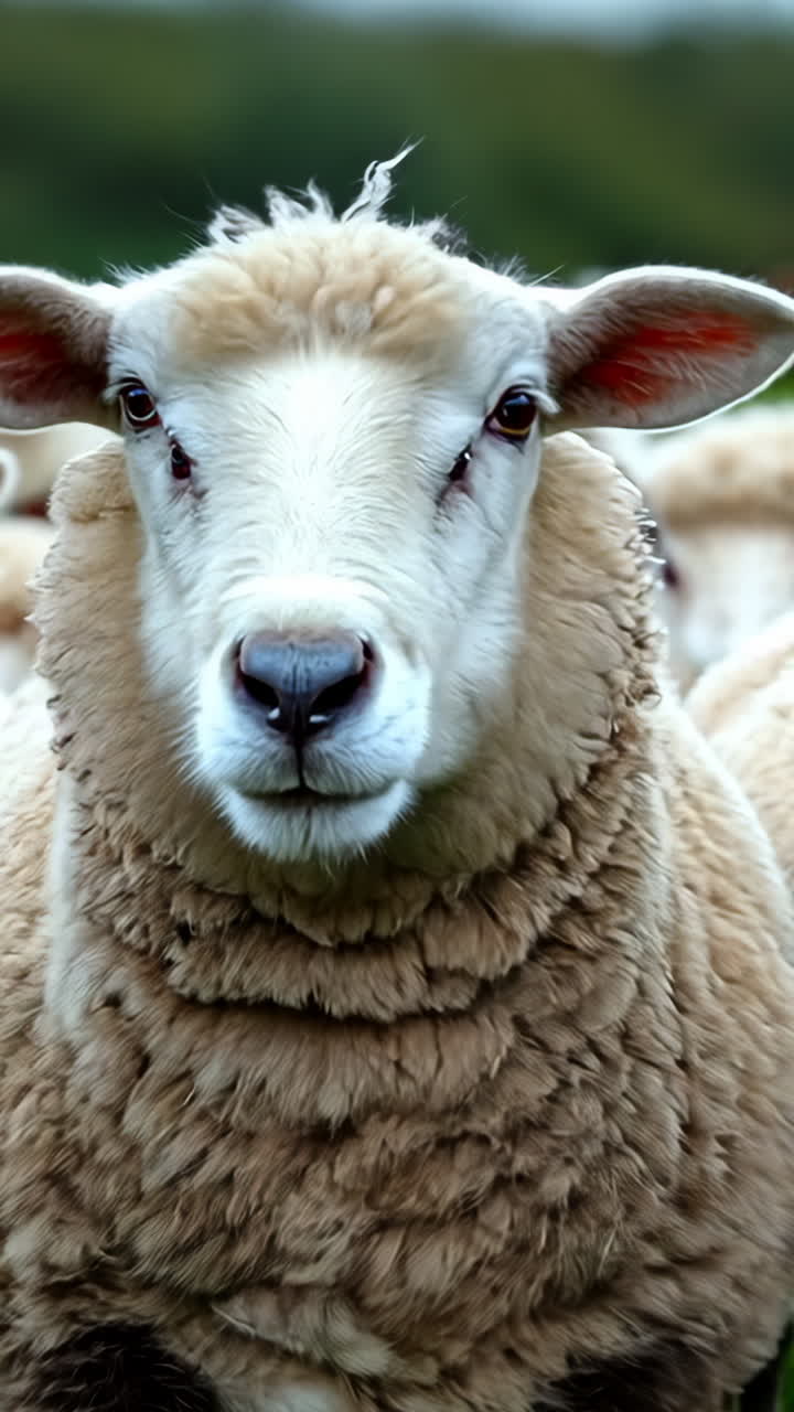 Flock of Sheep Grazing in Lush Green Pasture During Daylight. A group of sheep stands closely together in a green pasture under clear skies. Vertical video