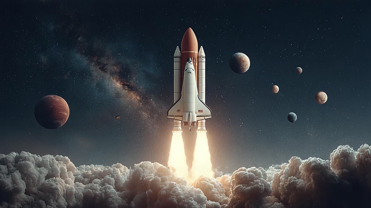 A majestic rocket launches into the cosmos, trailing flames and smoke, surrounded by a stunning array of celestial bodies in a magnificent display of space exploration