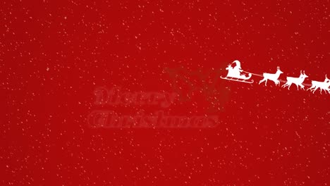 Animation-of-white-santa-claus-in-sleigh-with-reindeer-over-snow-falling-on-red-background