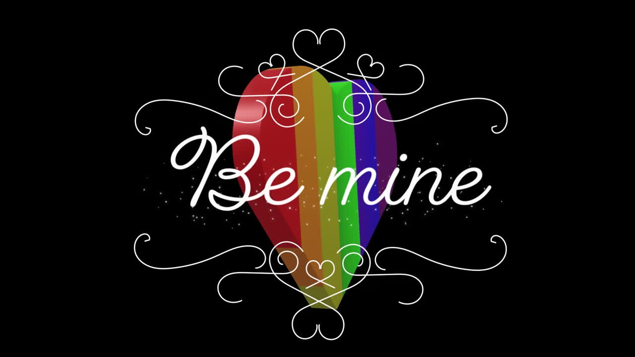 검은색 배경에 무지개 심장 위에 있는 be mine 텍스트의 애니메이션
