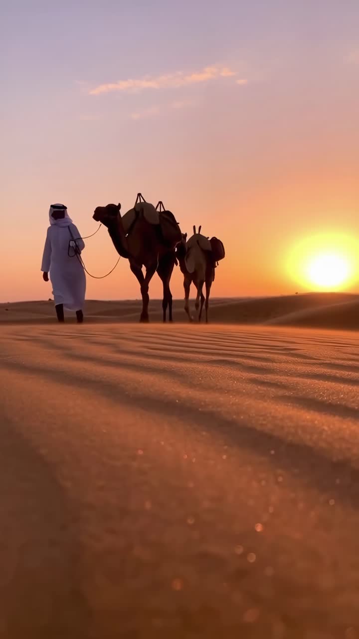 Video con angolazione dal basso di una persona che conduce cammelli attraverso un deserto al tramonto, catturando una bellezza serena.