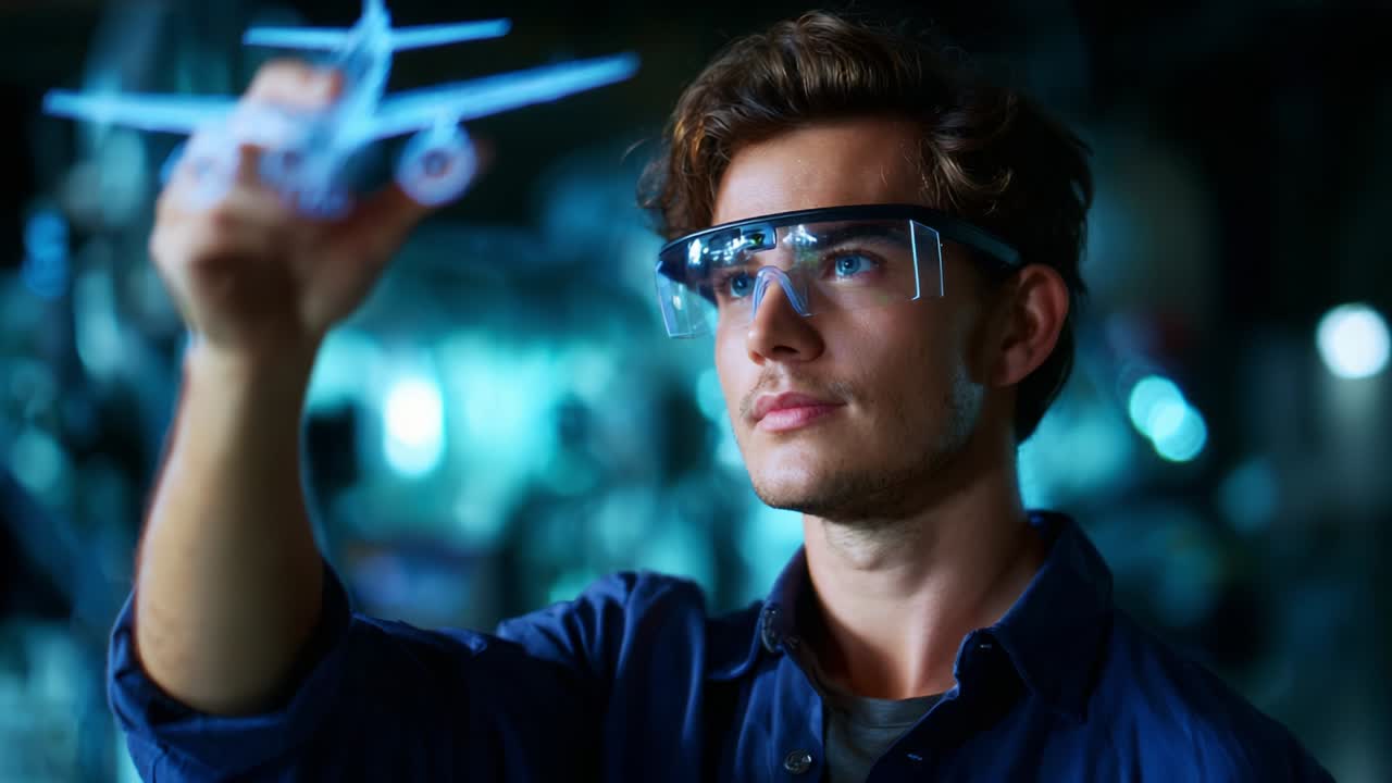 Focused individual engages with a virtual aircraft model using augmented reality glasses in a high-tech environment, showcasing innovation in design and technology for future aviation possibilities