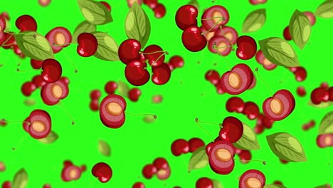 cherries and leaves falling against green backdrop