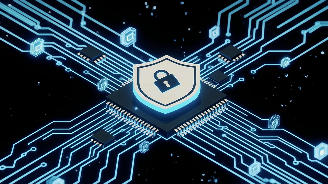 Cybersecurity Shield on Microchip with Glowing Data Flow