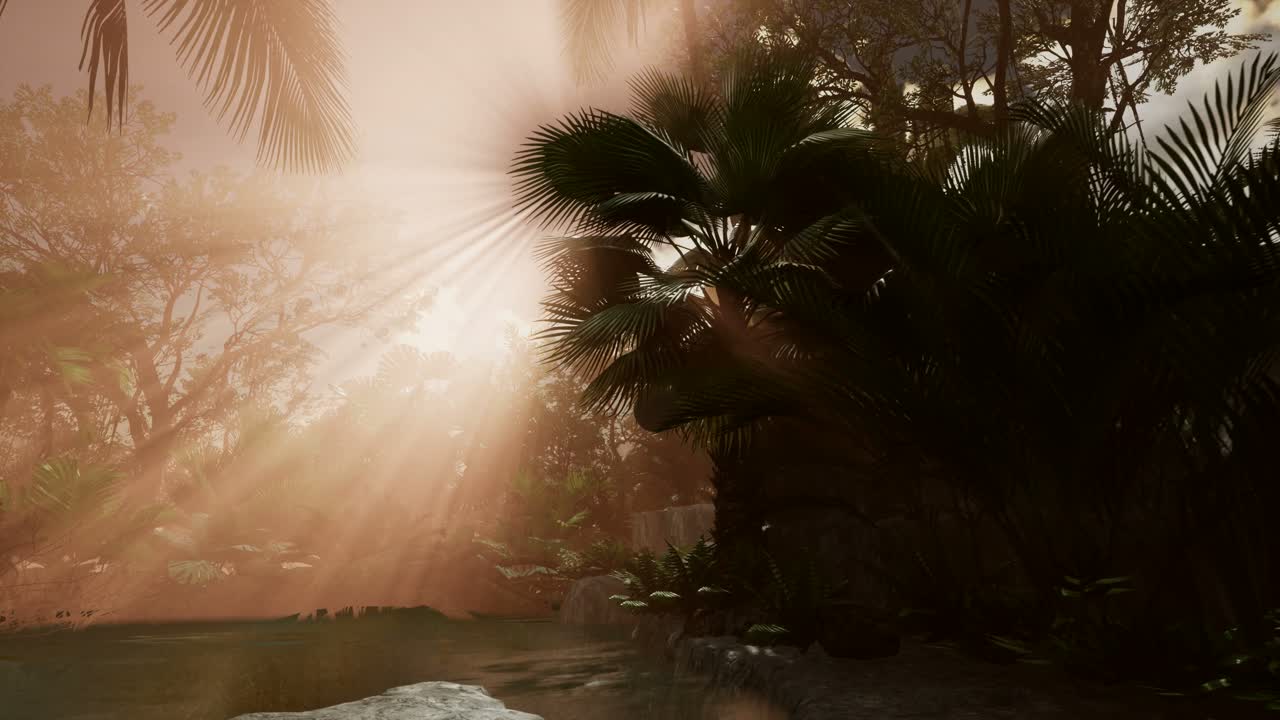 los rayos del atardecer a través de las palmeras