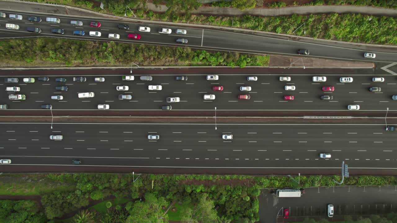 Aerial top view of busy multi lane highway in Auckland, New Zealand