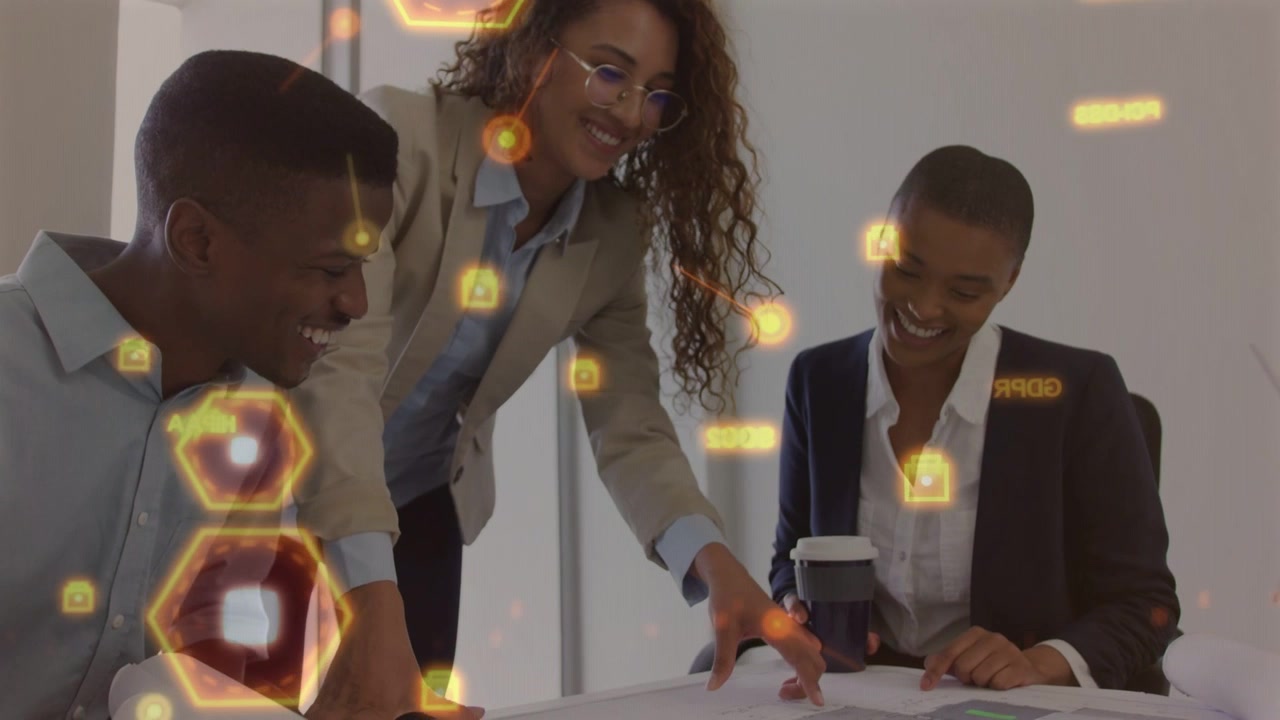 Standing woman pointing plans and leading team in design, holographic hexagons drifting over plans