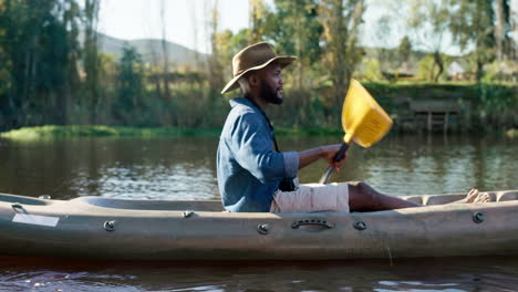 lake, camping and black man in kayak