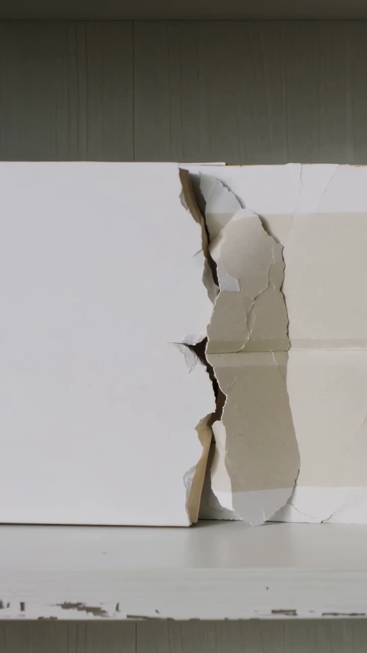 Vertical video: Recording box showing tear, flaps curling on chipped shelf for damage record